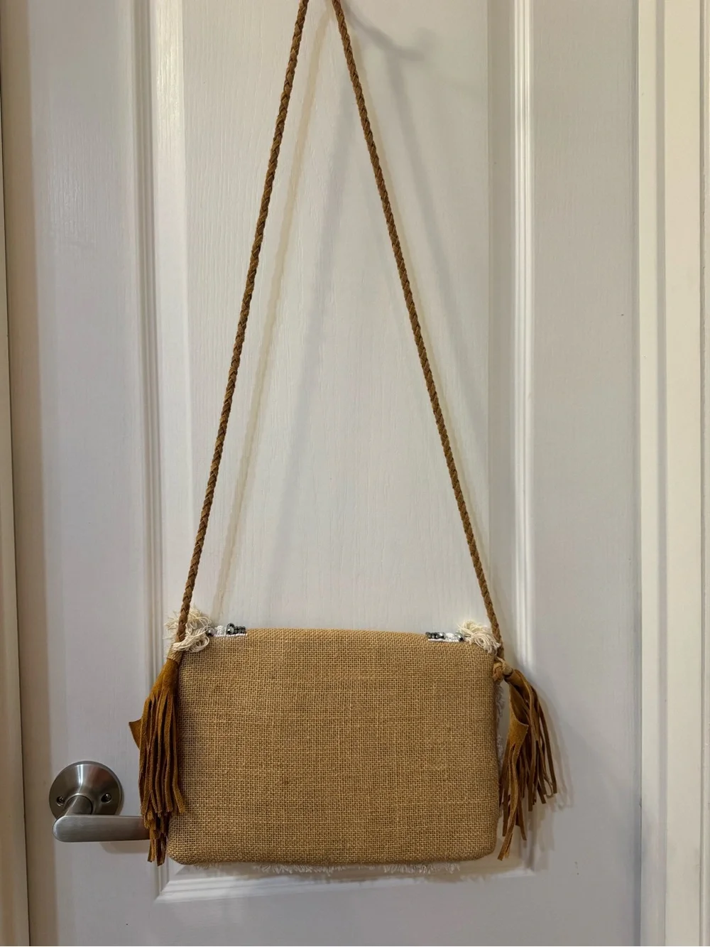 Boho Fringe Beige Crossbody Bag with Coin & Bead Detail